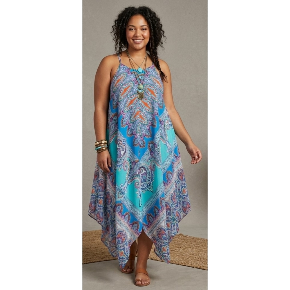 Boho Paisley Handkerchief-Hem Maxi Dress in Turquoise Size 16